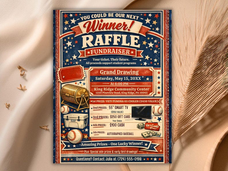 Baseball Raffle Poster Editable Raffle Fundraiser Flyer, Sports, School, Charity Template (8 ...