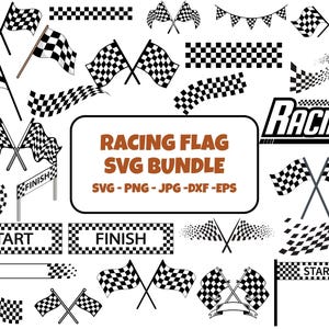 May include: A selection of black and white racing flag designs, featuring checkered flags, banners, and the word "RACING". The image also includes the text "RACING FLAG SVG BUNDLE" and file type information.