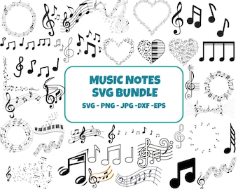 May include: A collection of black and white musical notes and symbols, including treble clefs, eighth notes, and musical staffs. The image also features a heart shape made of musical notes and the text "MUSIC NOTES SVG BUNDLE".