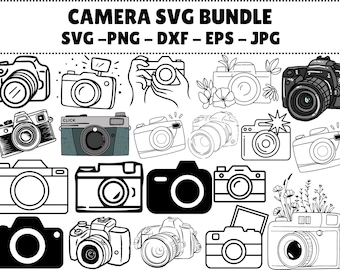 May include: A collection of various camera illustrations in black and white, with one camera in teal and gray. The text "CAMERA SVG BUNDLE SVG - PNG - DXF - EPS - JPG" is at the top of the image.