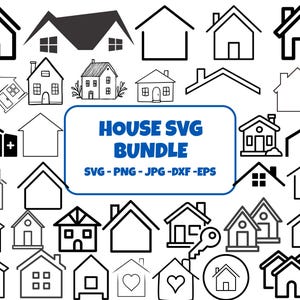 May include: A collection of house-themed SVG graphics in black and white. The image includes various house designs, keys, and the text "HOUSE SVG BUNDLE" with file type options: SVG, PNG, JPG, DXF, and EPS.