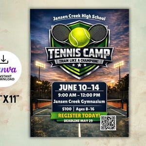 Può includere: Annuncio di un campo da tennis con una pallina e delle racchette. Il poster include il testo "TENNIS CAMP TRAIN LIKE A CHAMPION!" e i dettagli per il 10-14 giugno, dalle 9:00 alle 12:00, per ragazzi dagli 8 ai 16 anni. Il poster misura 21,6 cm x 27,9 cm.
