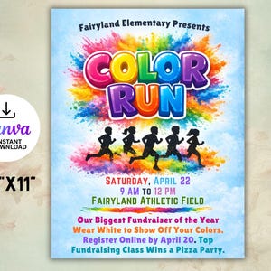 Op de afbeelding: Een lichtblauwe poster voor een "Color Run" evenement, met kleurrijke tekst en een levendige explosie van kleuren. De poster bevat de tekst "Fairyland Elementary Presents" en evenementdetails. De poster is 21,6 cm x 27,9 cm en direct te downloaden.