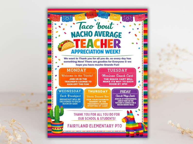 Editable Teacher Appreciation Week Itinerary Flyer, Fiesta Theme ...