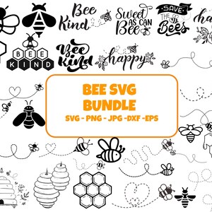 May include: A collection of black and white bee-themed SVG designs. The image includes various bee illustrations, honeycomb patterns, and phrases like "Bee Kind" and "Sweet as Can Bee." The text "BEE SVG BUNDLE" is also present.