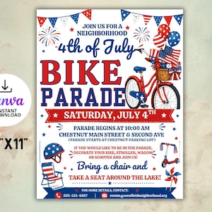 Könnte beinhalten: Ein Flyer für eine 4. Juli Bike Parade mit einem roten Fahrrad und patriotischen Dekorationen. Der Text lautet "4th of July Bike Parade" und enthält Veranstaltungsdetails. Der Flyer ist 21,6 cm x 27,9 cm groß.