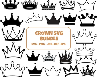 May include: A collection of various crown designs in black and white. The image includes crowns with different styles, from simple outlines to ornate, detailed versions. Text in the center reads "CROWN SVG BUNDLE" with file type options.
