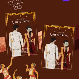 May include: Indian wedding invitation design featuring a couple in traditional attire, with the text "ANJI & PRIYA". The design includes illustrations of dancers and the Canva logo. The invitation is editable in Canva.
