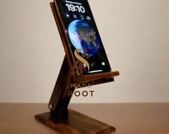 Handcrafted Wooden Mobile Phone Stand: Desk & Table Phone Dock