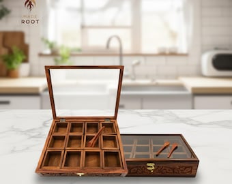 Especiero de palisandro artesanal: organizador de cocina con 12 compartimentos