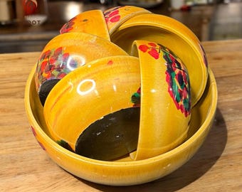 Juego de 7 cuencos de madera pintados a mano - Decoración rústica para cocina