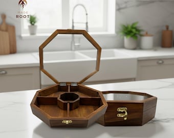 Handmade Wooden Dry Fruit Box with Glass Lid - 5 Slot Snack Organizer