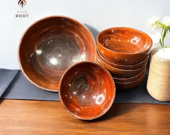 Handcrafted Wooden Bowl Set: Rustic Kitchen & Dining Decor (Set of 7)