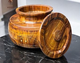 Handcrafted Wooden Pot with Lid - Rustic Home Decor