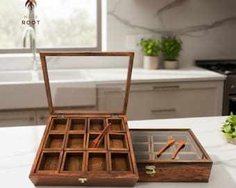 Handcrafted Wooden Spice Box: Carved Design, 12 Movable Slots