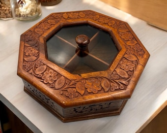 Handmade Wooden Dry Fruit Box: 4-Slot Rustic Snack & Nut Container