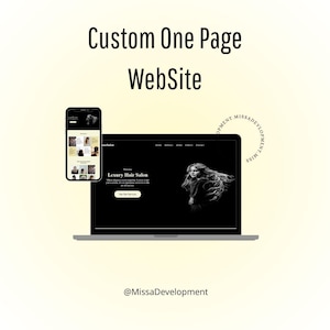 Peut inclure: Un ordinateur portable et un smartphone affichent une conception de site Web. L'écran de l'ordinateur portable montre un site Web noir et blanc pour un salon de coiffure, avec une photo d'une femme aux longs cheveux. Le smartphone montre une version mobile du site Web.