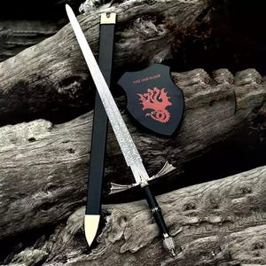 Hand-Forged Damascus Steel Fantasy Sword | Dragon Plaque Wall Display sword| Medieval Replica with Leather Sheath | Collectible Gift for Him