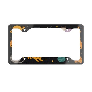 Cosmic Cat Metal License Plate Frame, Cute Cat Lover Gift, Unique Car Decor, Gifts for Cat Owners, Space Theme License Plate Holder