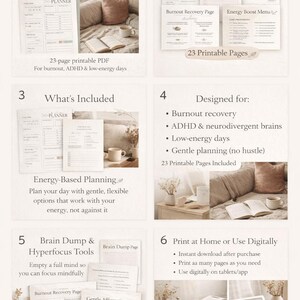 Peut inclure: Un planificateur num&eacute;rique de 23 pages imprimables, con&ccedil;u pour la r&eacute;cup&eacute;ration de l'&eacute;puisement professionnel, le TDAH et les journ&eacute;es &agrave; faible &eacute;nergie. Comprend des pages de d&eacute;charge c&eacute;r&eacute;brale et des affirmations douces.