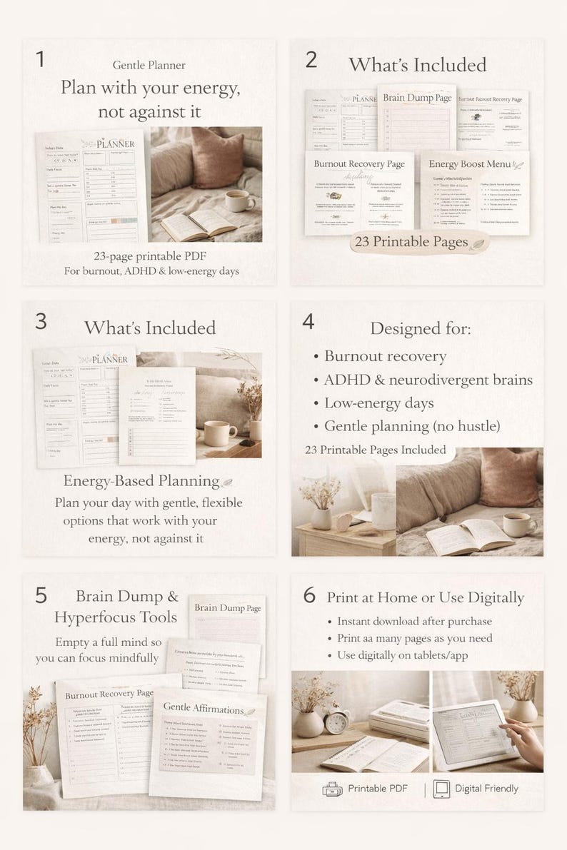Peut inclure: Un planificateur num&eacute;rique de 23 pages imprimables, con&ccedil;u pour la r&eacute;cup&eacute;ration de l'&eacute;puisement professionnel, le TDAH et les journ&eacute;es &agrave; faible &eacute;nergie. Comprend des pages de d&eacute;charge c&eacute;r&eacute;brale et des affirmations douces.