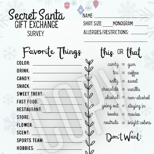 Printable Secret Santa Gift Exchange Survey Christmas Gifts Game