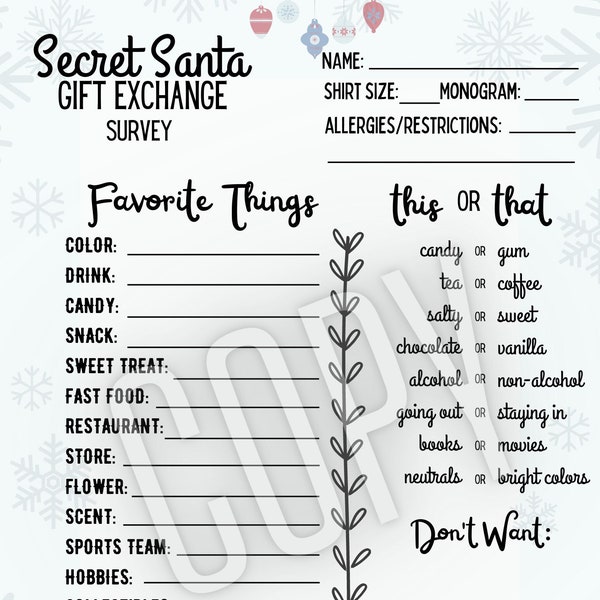 Printable Secret Santa gift exchange survey, Christmas Gifts game, Holiday Party, work secret santa, instant download