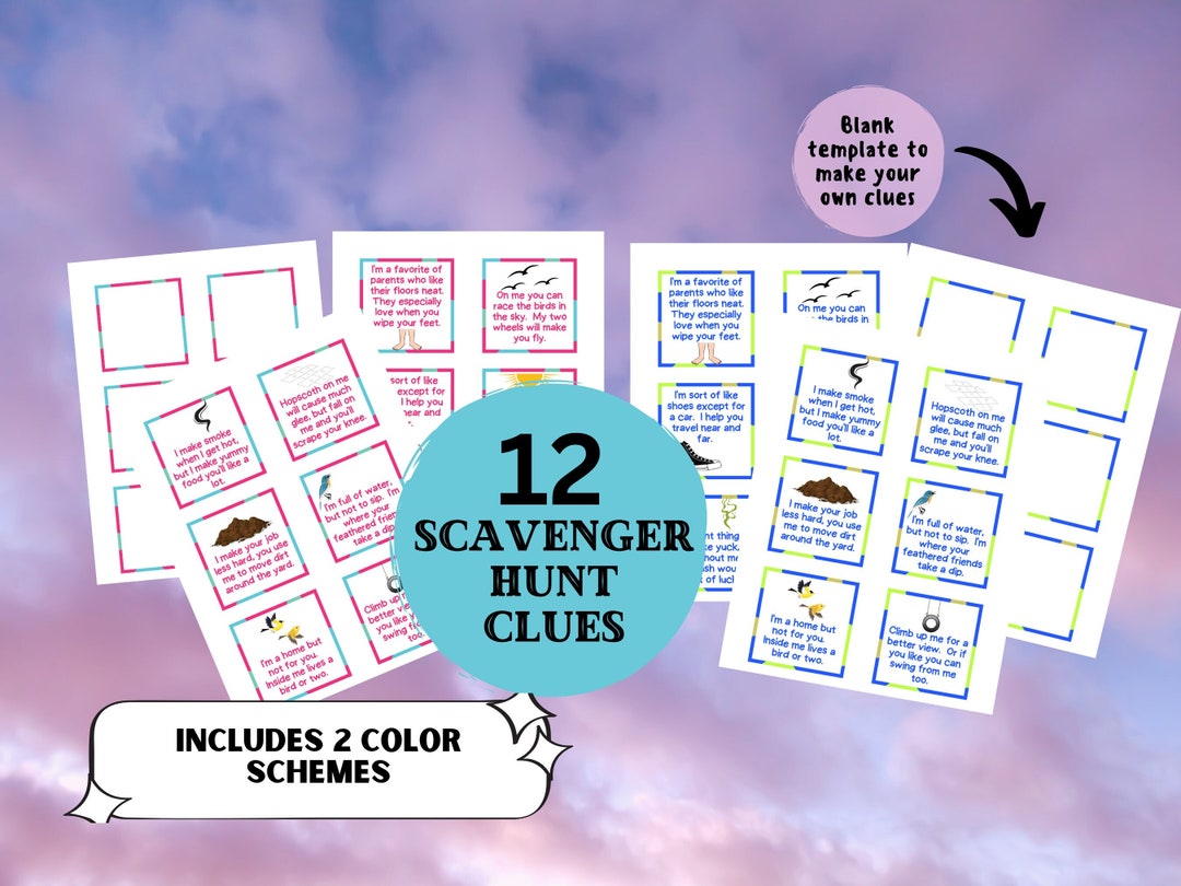12 Scavenger Hunt Clues-comes in Two Colors-kids Printable Activity - Etsy