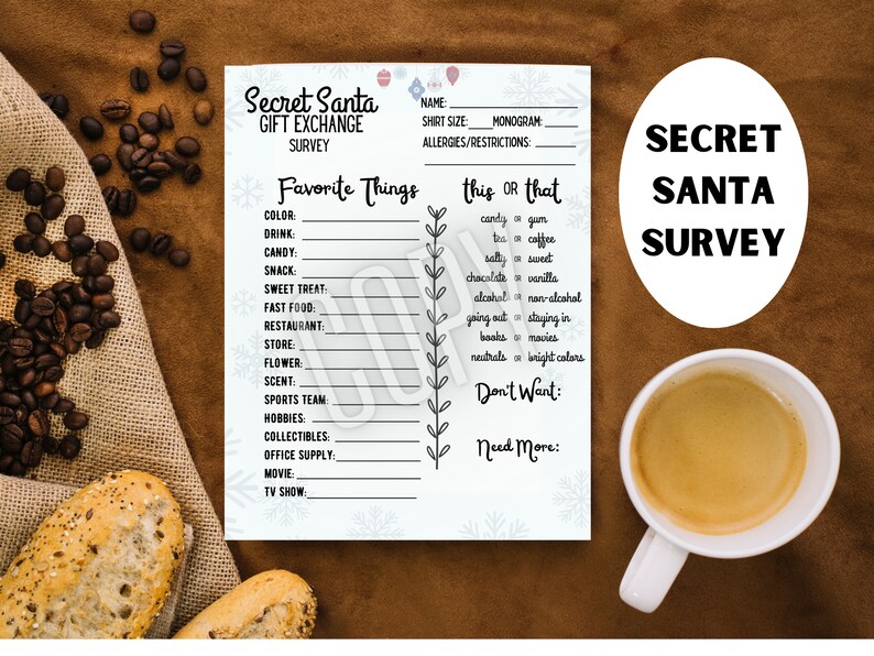 Printable Secret Santa Gift Exchange Survey Christmas Gifts Etsy