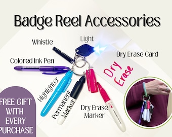 Badge Reel Accessories w/ mini pen, permanent marker, highlighter, light, whistle, dry erase card & dry erase marker - for teachers, nurses