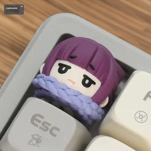 May include: A custom keycap featuring a cartoon character with purple hair and a blue scarf. The keycap is designed to fit on a keyboard and is placed between the Esc and F keys. The keycap has a sad expression.