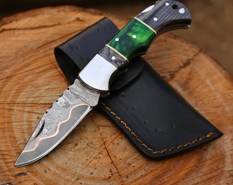 Hand-Forged Copper Damascus Folding Pocket Knife – Pakka Wood Handle with Leather Sheath | Outdoor Gift