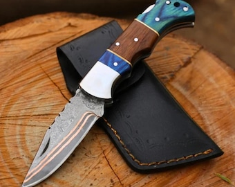 Hand-Forged Copper Damascus Folding Knife – Pakka & Rosewood Handle, Leather Sheath