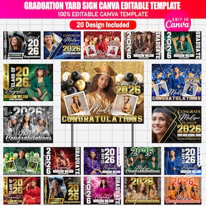 Puede incluir: Una colección de plantillas para letreros de jardín de graduación. Los letreros presentan fotos de graduados, el año 2026 y el nombre "Madison Wilson". Los letreros son de varios colores y diseños, con el texto "Felicitaciones".