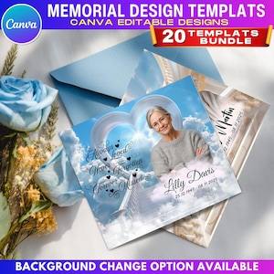 May include: A bundle of 20 memorial design templates with Canva editable designs. The image features a memorial card with a photo of a woman, the text "Always Loved, Never Forgotten, Forever Missed", and the name Lilly Davis with dates. A blue envelope and flowers are also visible.
