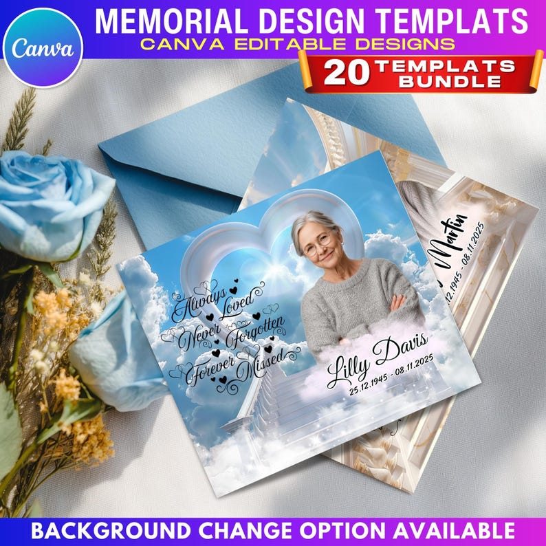 May include: A bundle of 20 memorial design templates with Canva editable designs. The image features a memorial card with a photo of a woman, the text "Always Loved, Never Forgotten, Forever Missed", and the name Lilly Davis with dates. A blue envelope and flowers are also visible.