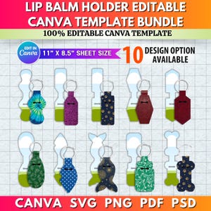 Peut inclure: Un ensemble de modèles Canva modifiables pour porte-baume à lèvres. L'image présente 10 options de conception, chacune avec un motif et une couleur différents. Les modèles sont pour une taille de feuille de 27,9 cm x 21,6 cm et sont 100% modifiables.