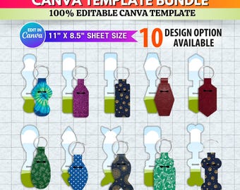 Puede incluir: Un paquete de plantillas Canva editables para sujetadores de bálsamo labial. La imagen muestra 10 opciones de diseño, cada una con un patrón y color diferentes. Las plantillas son para un tamaño de hoja de 27,9 cm x 21,6 cm y son 100% editables.