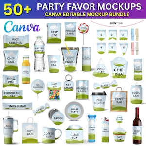 50x Party Favor Mockup Bundle, Canva Editable Party Favor Mockup Bundle, Chocolate Bar Juice Pouch, Chip bag, DIY Water Bottle Mockup