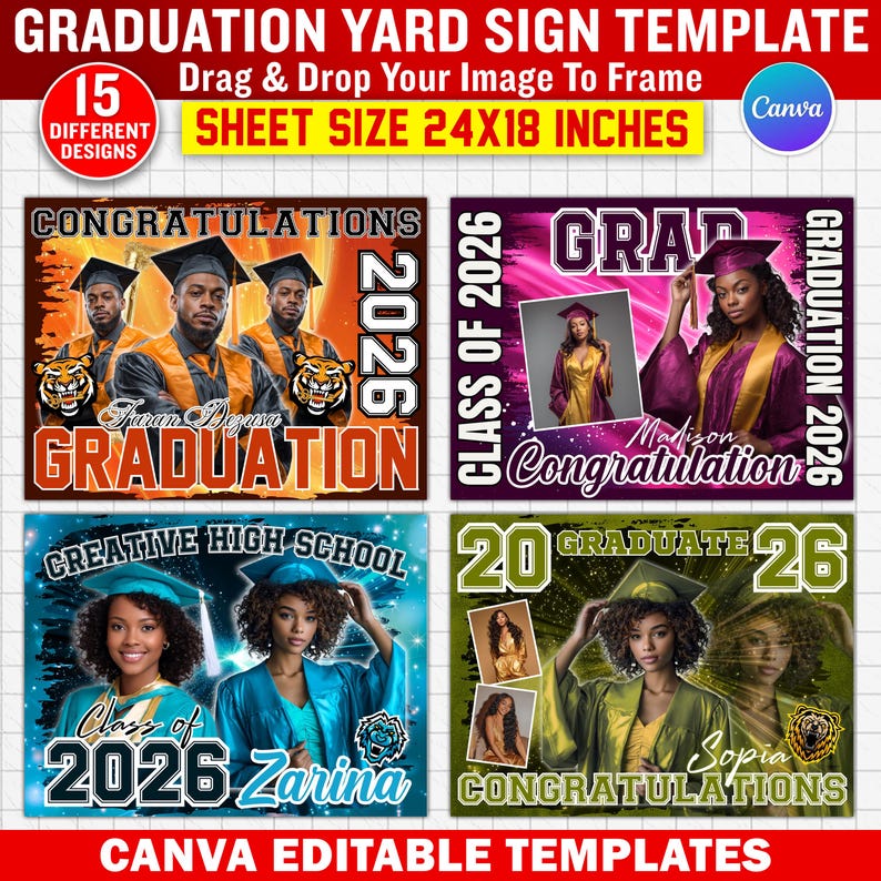 15x Graduation Yard Sign Canva Template Bundle, Editable Senior Yard ...
