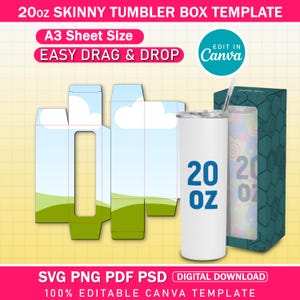 May include: A white 20 oz skinny tumbler with a straw, box template, and a teal box. The tumbler has the text "20 OZ" in blue. The box template has a sky and grass design. The text "EASY DRAG & DROP" is in pink.