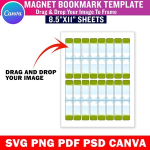Puede incluir: Una plantilla para marcap&aacute;ginas magn&eacute;ticos con un dise&ntilde;o para la colocaci&oacute;n de im&aacute;genes. La plantilla incluye hojas de 21,6 x 27,9 cm con m&uacute;ltiples contornos de marcap&aacute;ginas. El logotipo de Canva es visible. El texto "DRAG AND DROP YOUR IMAGE" tambi&eacute;n es visible.