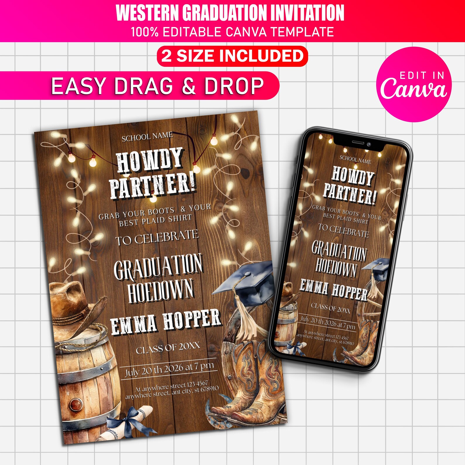Canva Editable Western Graduation Invitation Template, Cowboy ...