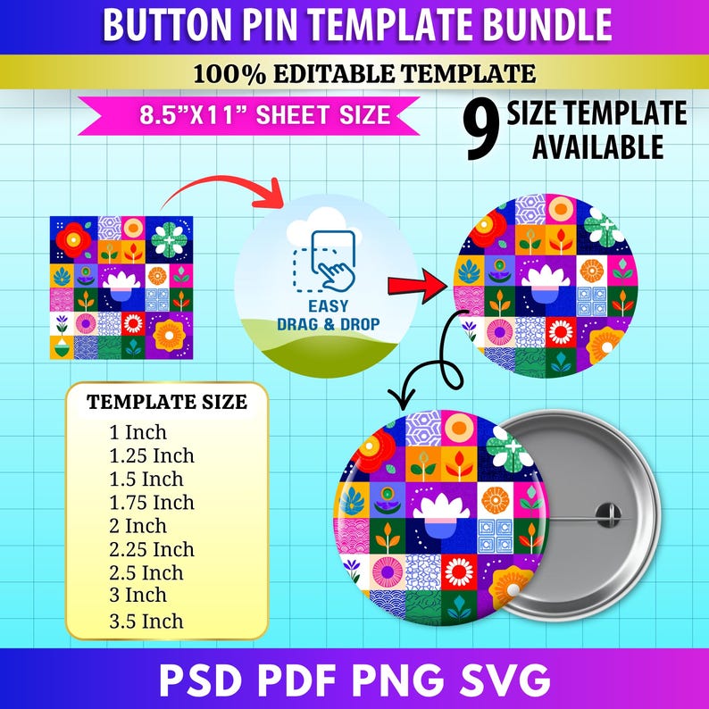 9x Button Pin Template Bundle | Editable Canva Frames | Blank Pinback ...