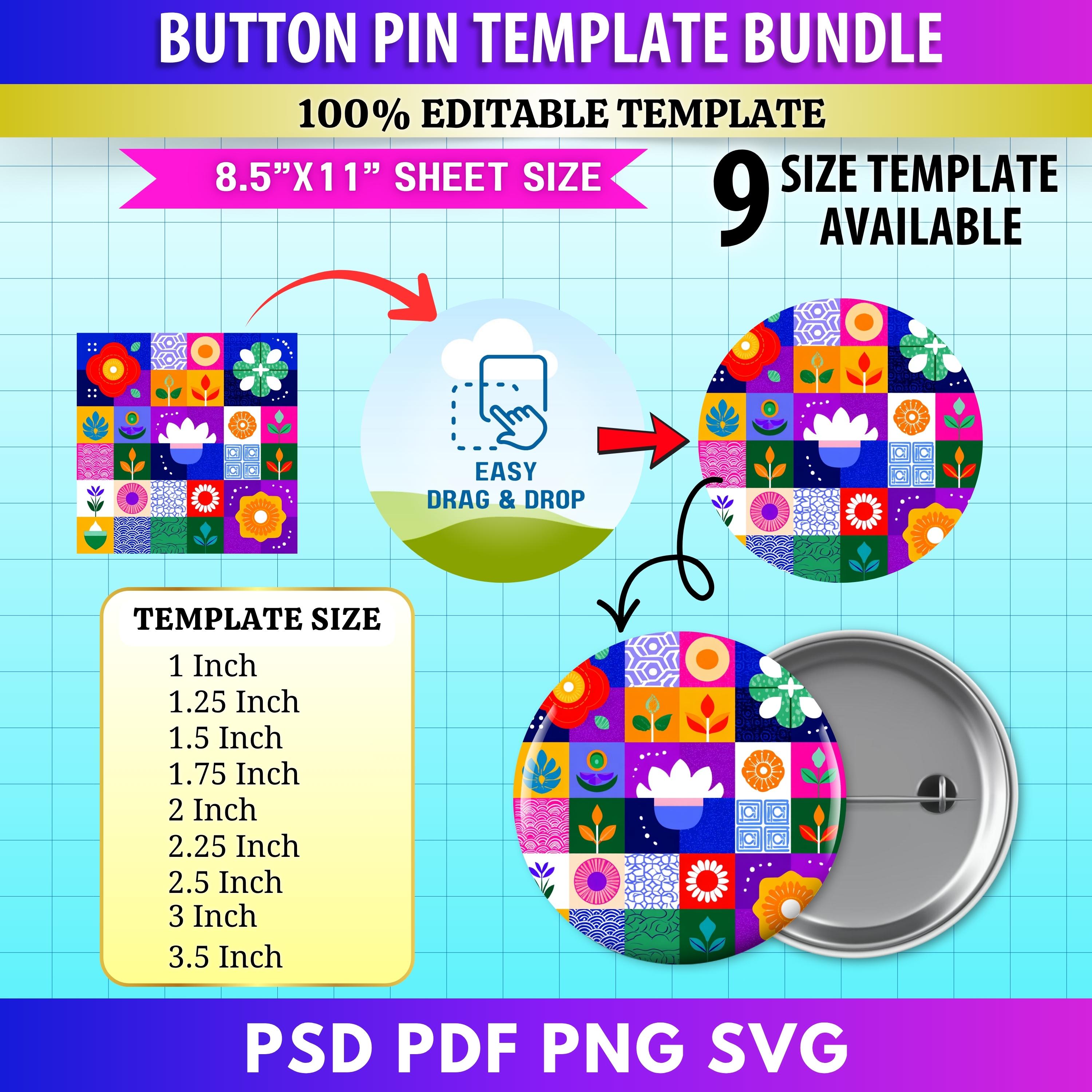 9x Button Pin Template Bundle | Editable Canva Frames | Blank Pinback ...