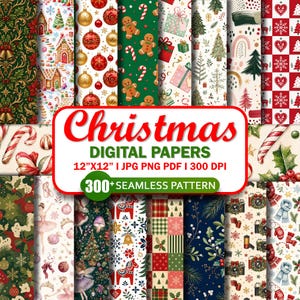 Puede incluir: Una colección de papeles digitales navideños con varios patrones sin costuras que incluyen hombres de jengibre, adornos, regalos, bailarinas y follaje. El texto dice Christmas DIGITAL PAPERS 30cm x 30cm I JPG PNG PDF I 300 DPI 300+ SEAMLESS PATTERN.