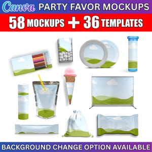 May include: An assortment of party favor mockups with a blue sky and green hill design. The image includes a box of colored pencils, a bag of candies, plates, a tube, an ice cream cone, a pouch, a banner, a bag, and a candy bar wrapper. Text reads: "PARTY FAVOR MOCKUPS".
