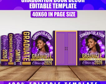 Purple Graduation Book Decor Canva Editable Template, Graduation Panel Board, Purple Graduate Backdrop Arch Foam Board, Floor Wrap Decor Set
