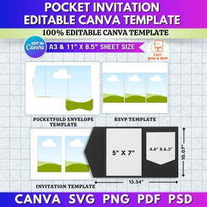 Könnte beinhalten: Eine digitale Vorlage für eine Tascheneinladung, bearbeitbar in Canva. Das Design umfasst Umschlag-, RSVP- und Einladungsvorlagen. Die Einladung misst 12,7 cm x 17,8 cm und die Gesamtgröße beträgt 34,4 cm x 25,6 cm. Verfügbar in SVG-, PNG-, PDF- und PSD-Formaten.