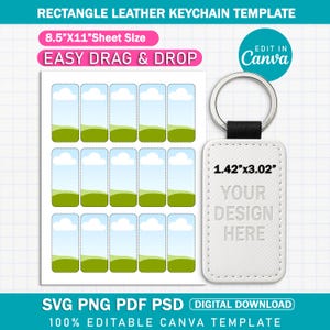 Könnte beinhalten: Weißes rechteckiges Leder-Schlüsselanhänger-Template mit einem silbernen Schlüsselring. Der Schlüsselanhänger misst 3,6 cm x 7,7 cm. Das Bild zeigt auch ein Blatt mit 12 Schlüsselanhänger-Templates mit einem Himmel- und Gras-Design. Der Text auf dem Bild lautet "Rectangle Leather Keychain Template" und "Easy Drag & Drop".